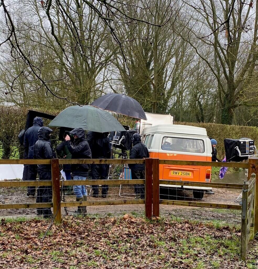 On location filming with our orange VW campervan