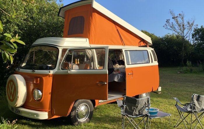 Emma and Corinna in Cornwall with VW Bob